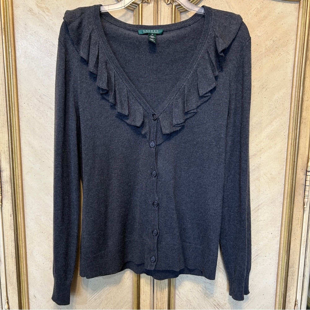 Lauren Ralph Lauren Dark Gray Silk Cashmere Ruffle Front Sweater Cardigan